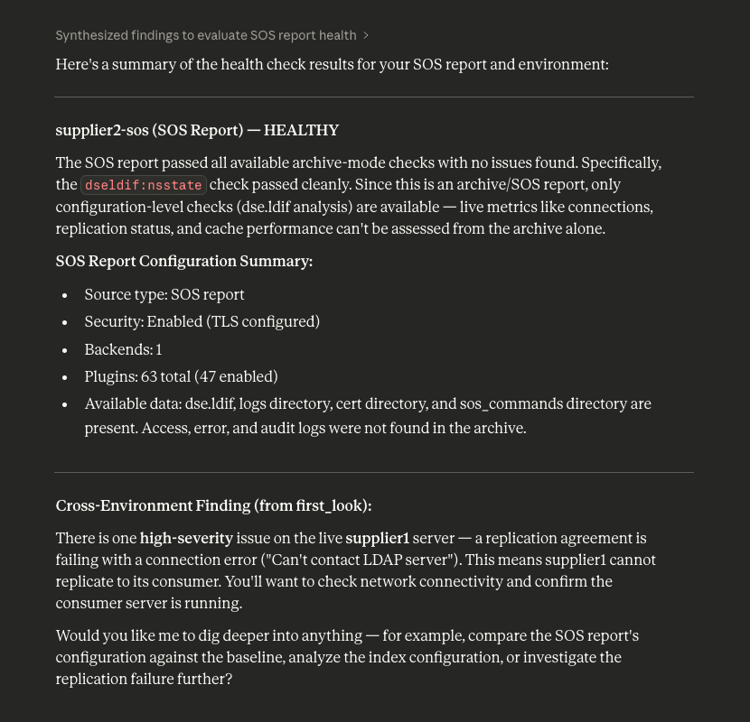 Health check results and cross-environment findings from an SOS report analysis